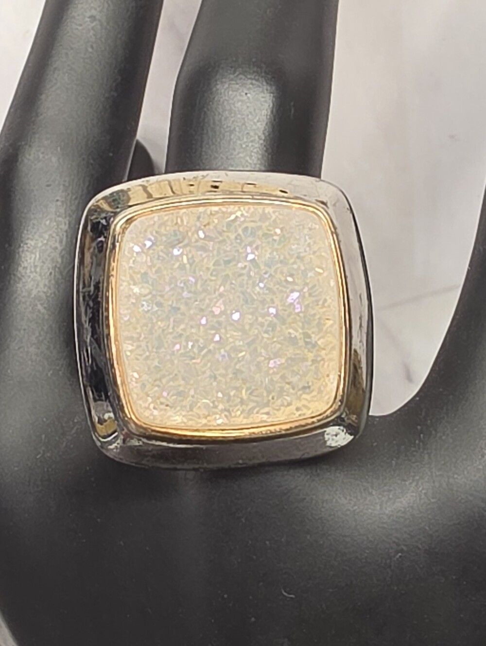 Milor Italy 925 Sterling Silver White Druzy Statement Ring Size 9